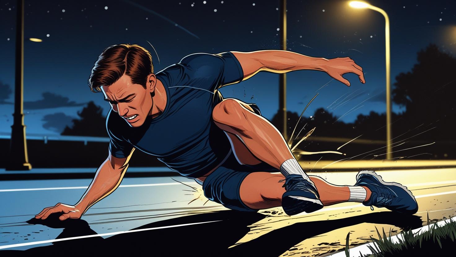 夜ランニングで転倒して膝を痛める男性ランナーイラスト風