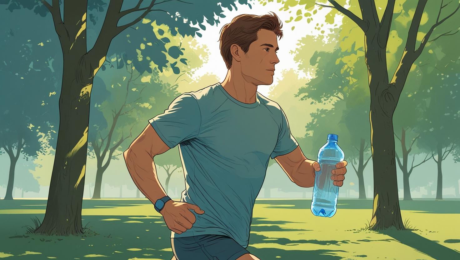 真夏の午前中の涼しい時にランニングしている男性画像イラスト風